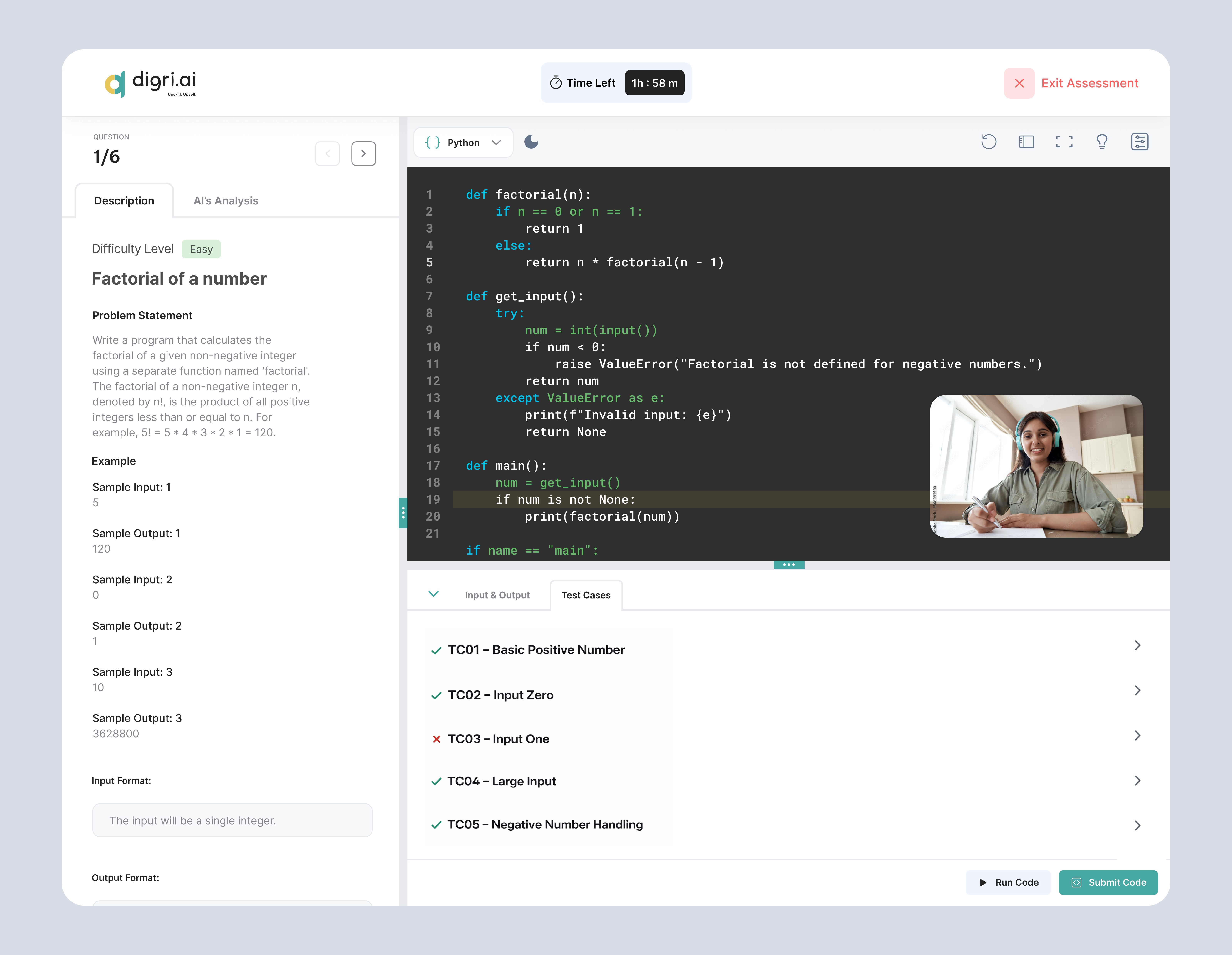 digri.ai live coding assessment — code editor with test cases, timer and AI proctoring