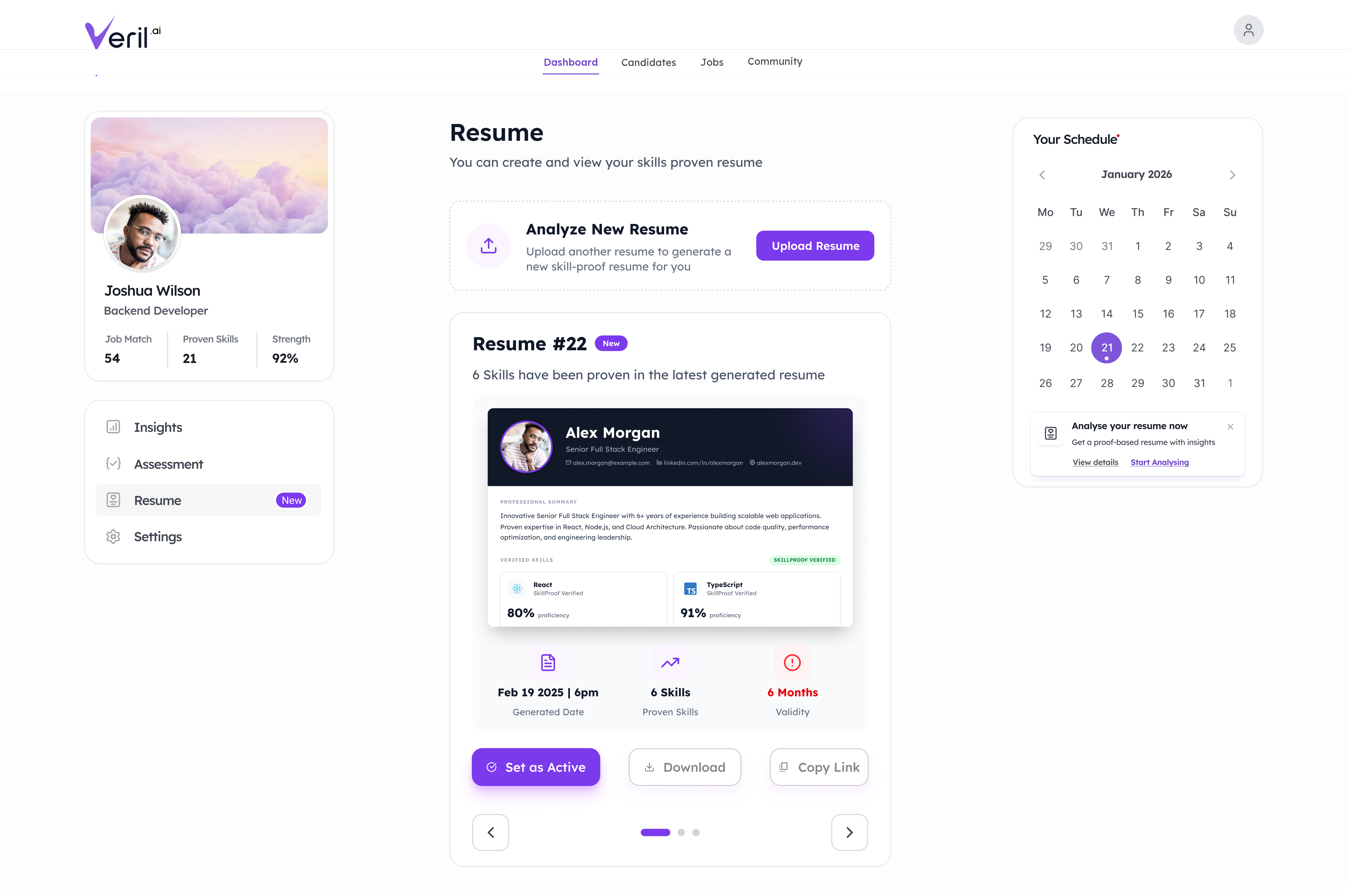 Veril.ai verified resume dashboard — skill-proof resume with assessment scores