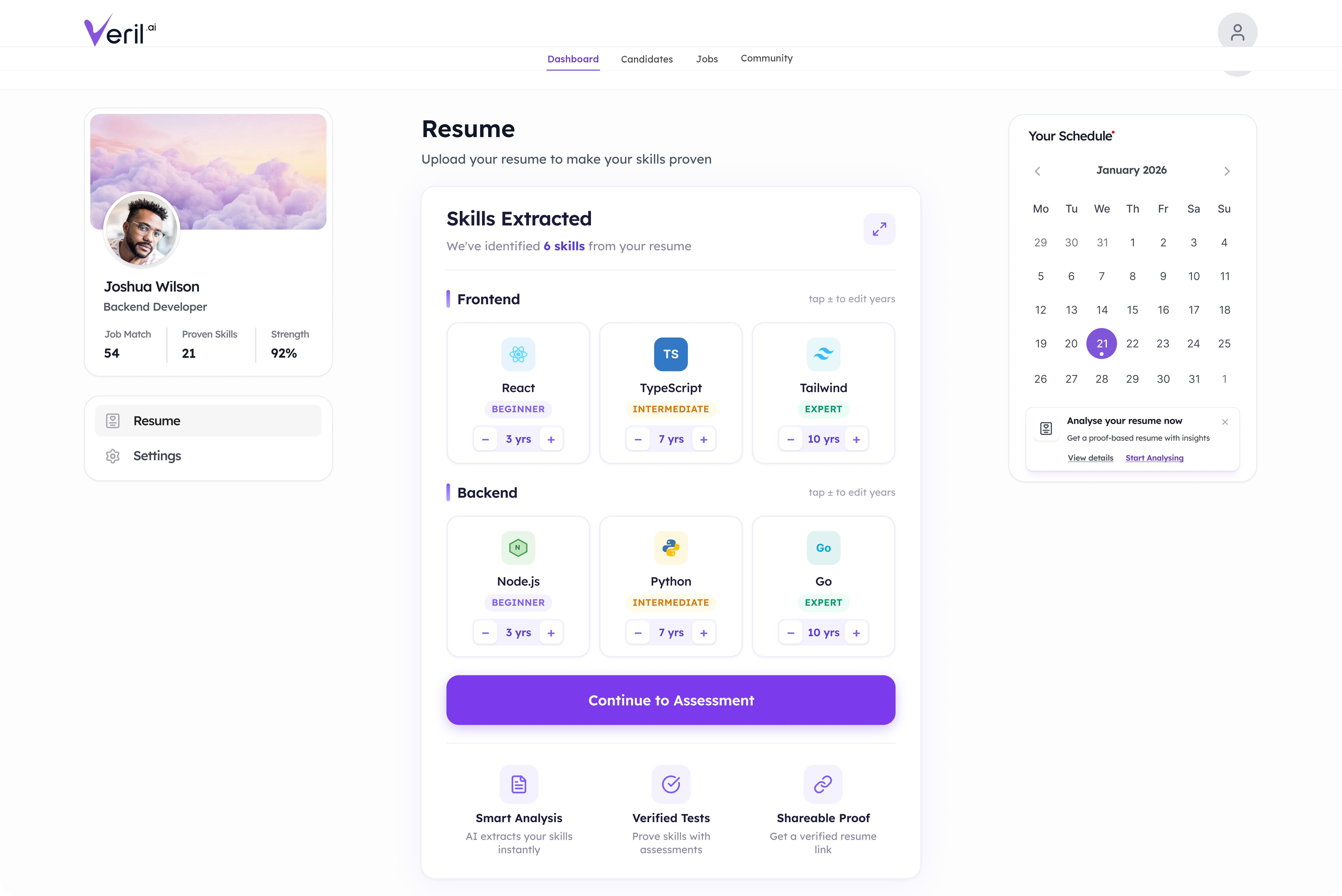 Veril.ai skills extraction interface — AI identifies Frontend and Backend skills from resume